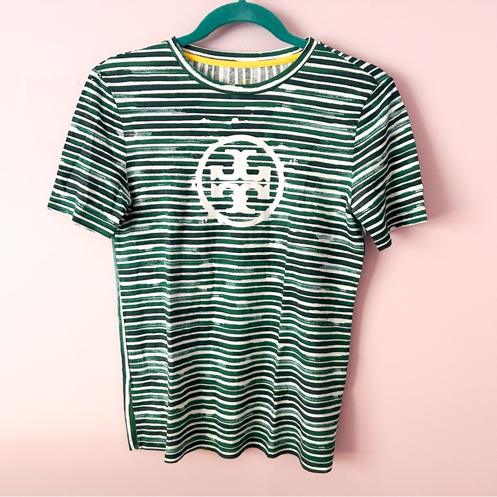 Tory Burch 100% Pima Cotton Logo Tee Green Strip XS Excellent Pre-owned Authenti